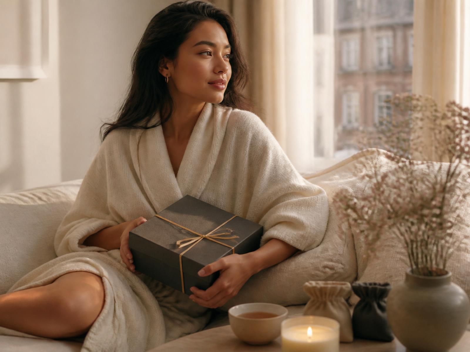 A woman relaxing on her sofa holding her monthly Surreal Comfort period care box, with herbal tea and a candle beside her