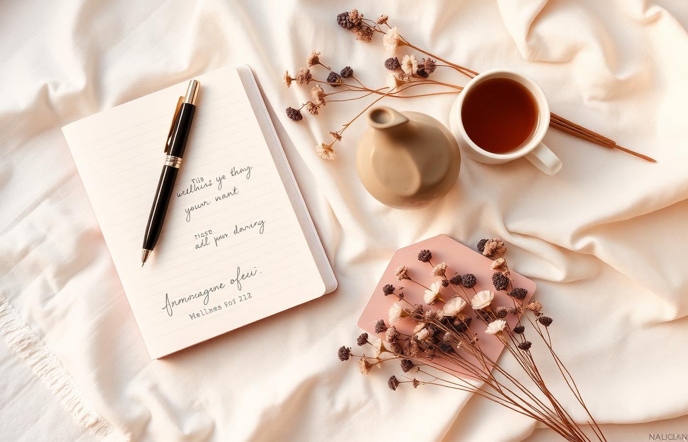 A journal, tea and dried flowers on cream linen