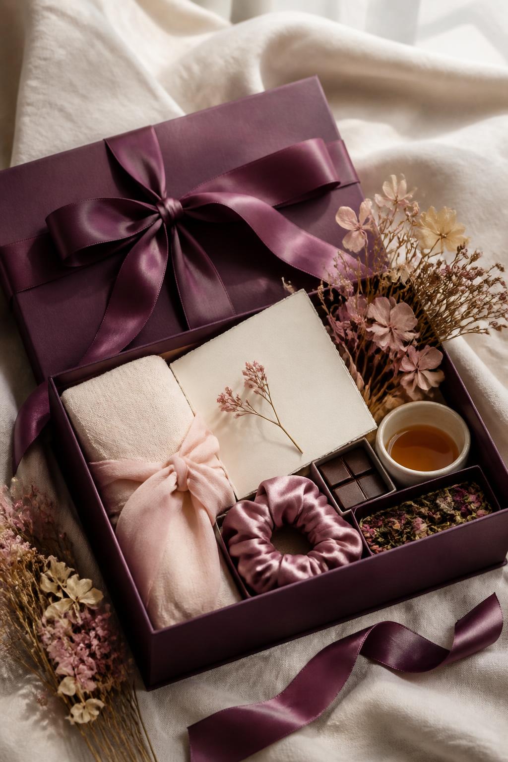 A plum keepsake period gift box tied with silk ribbon, holding a handwritten card, organic cotton essentials, a silk scrunchie, chocolate and herbal tea
