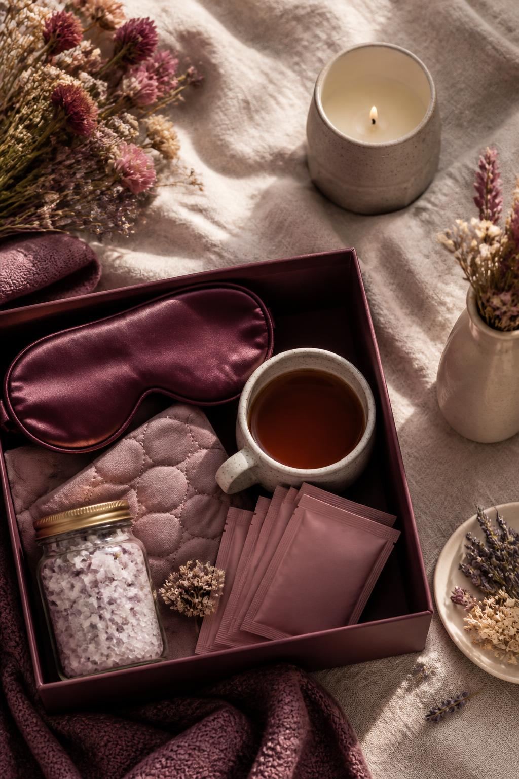 A plum PMS care package with a silk eye mask, quilted heat pad, herbal tea sachets, a mug of tea and bath salts on cream linen