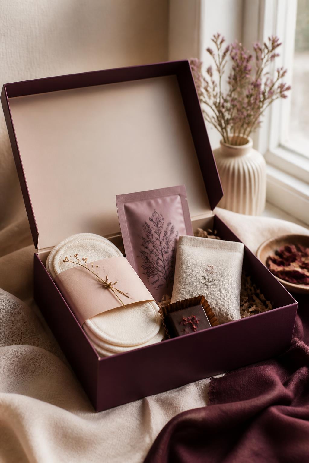 An open plum period box on linen holding organic cotton pads in blush wrap, a herbal tea sachet, a heat patch and dark chocolate